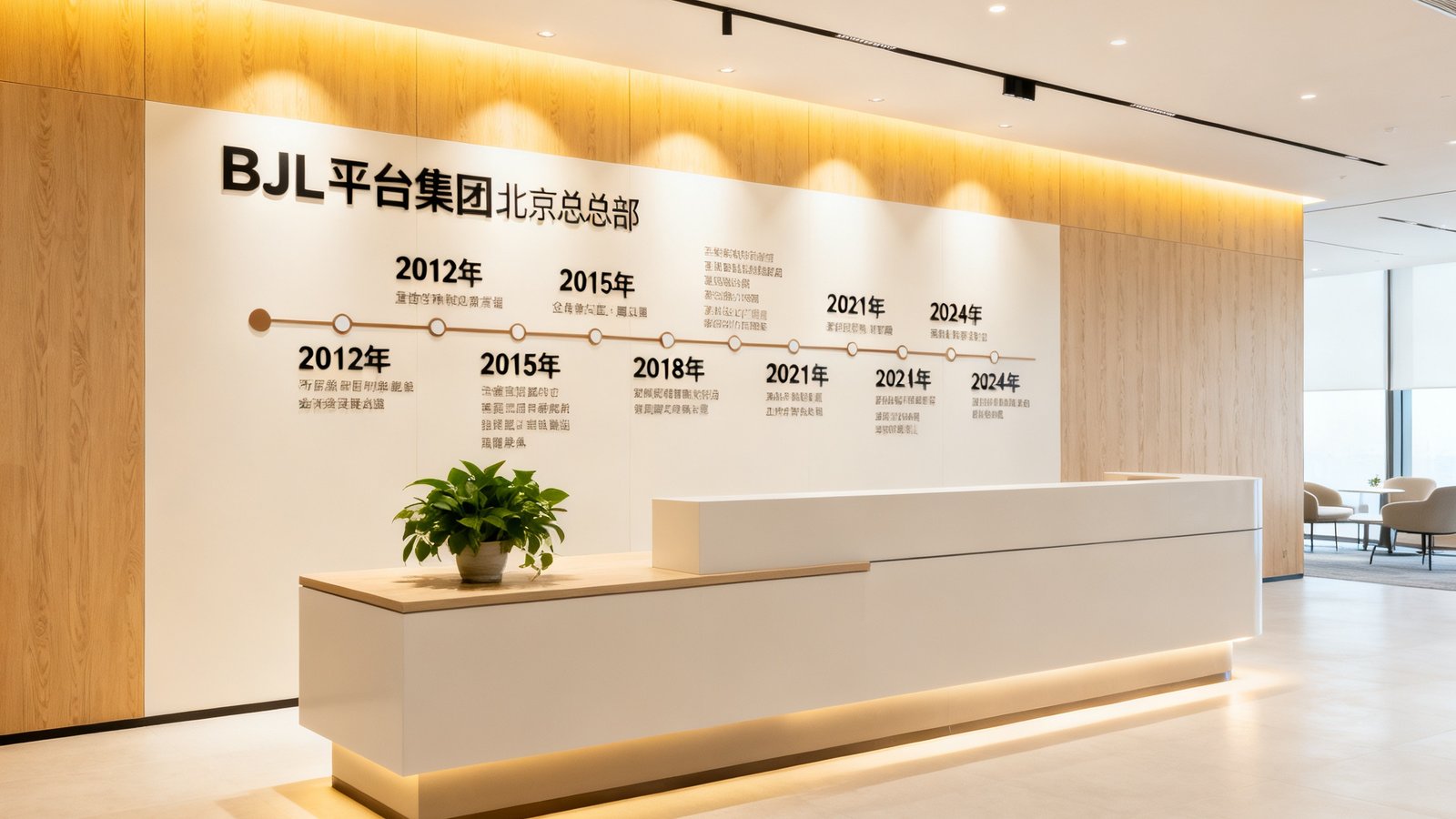 BJL平台集团北京总部前台接待区，背景是一面精心设计的公司发展时间轴展示墙，标注了2012年至今的每一个重要里程碑，暖色灯光营造出专业而温馨的商务氛围。